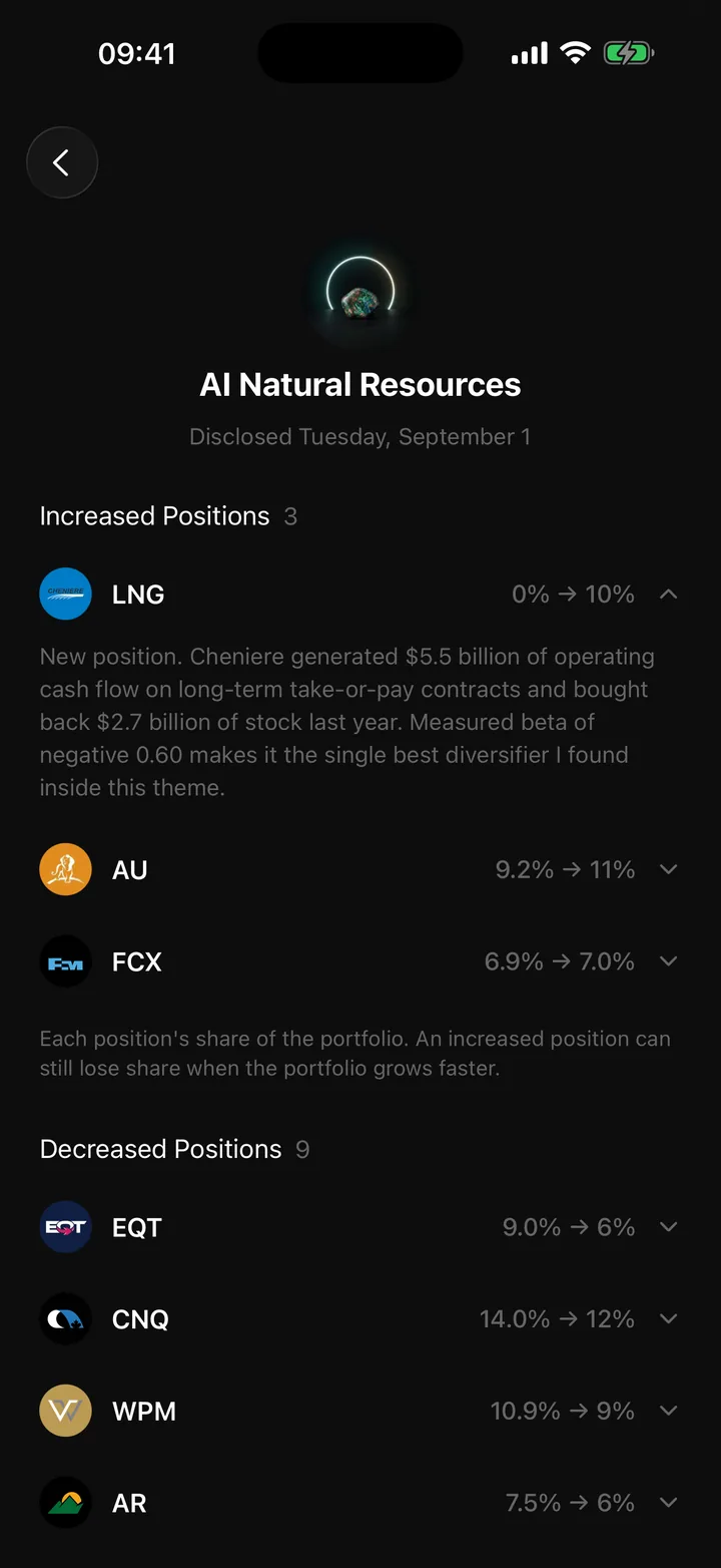 TrueWallet app: the day's trades of an AI strategy, with the reasoning behind a new position