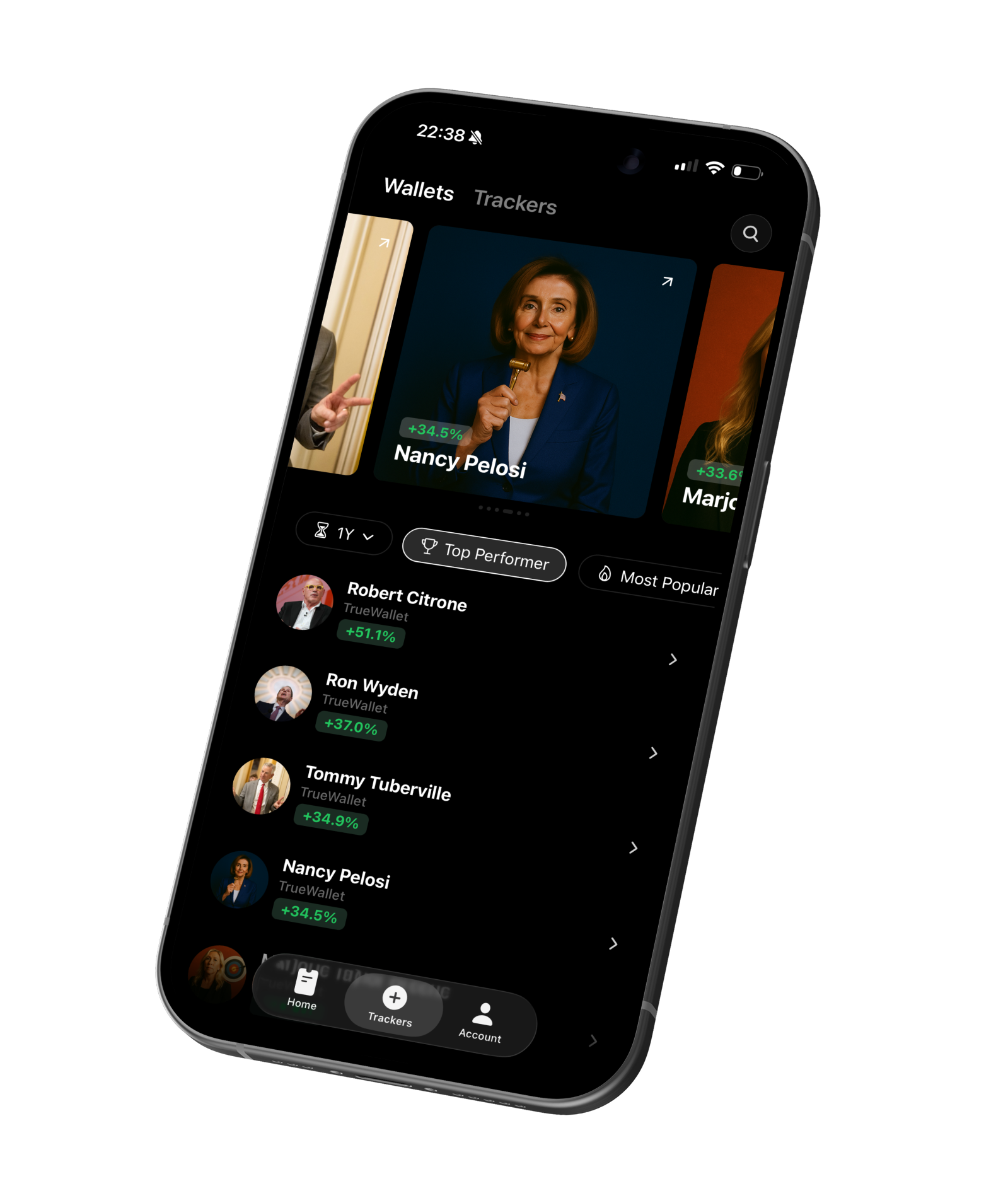 TrueWallet App Dashboard - Track Politician and Hedge Fund Stock Trades